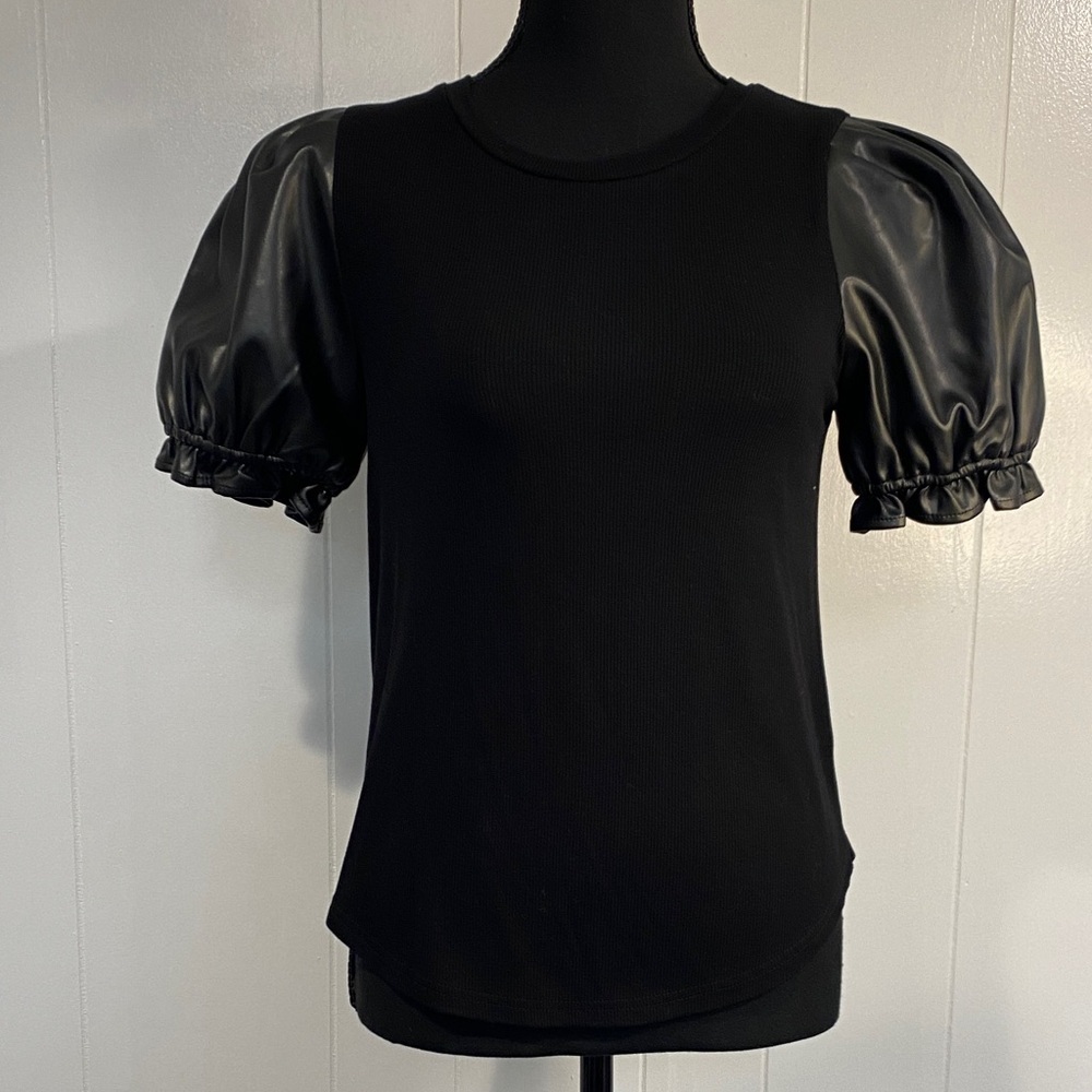 Mittoshop Top | Puff Sleeve Faux Leather | Black Ribbed Knit | Size S